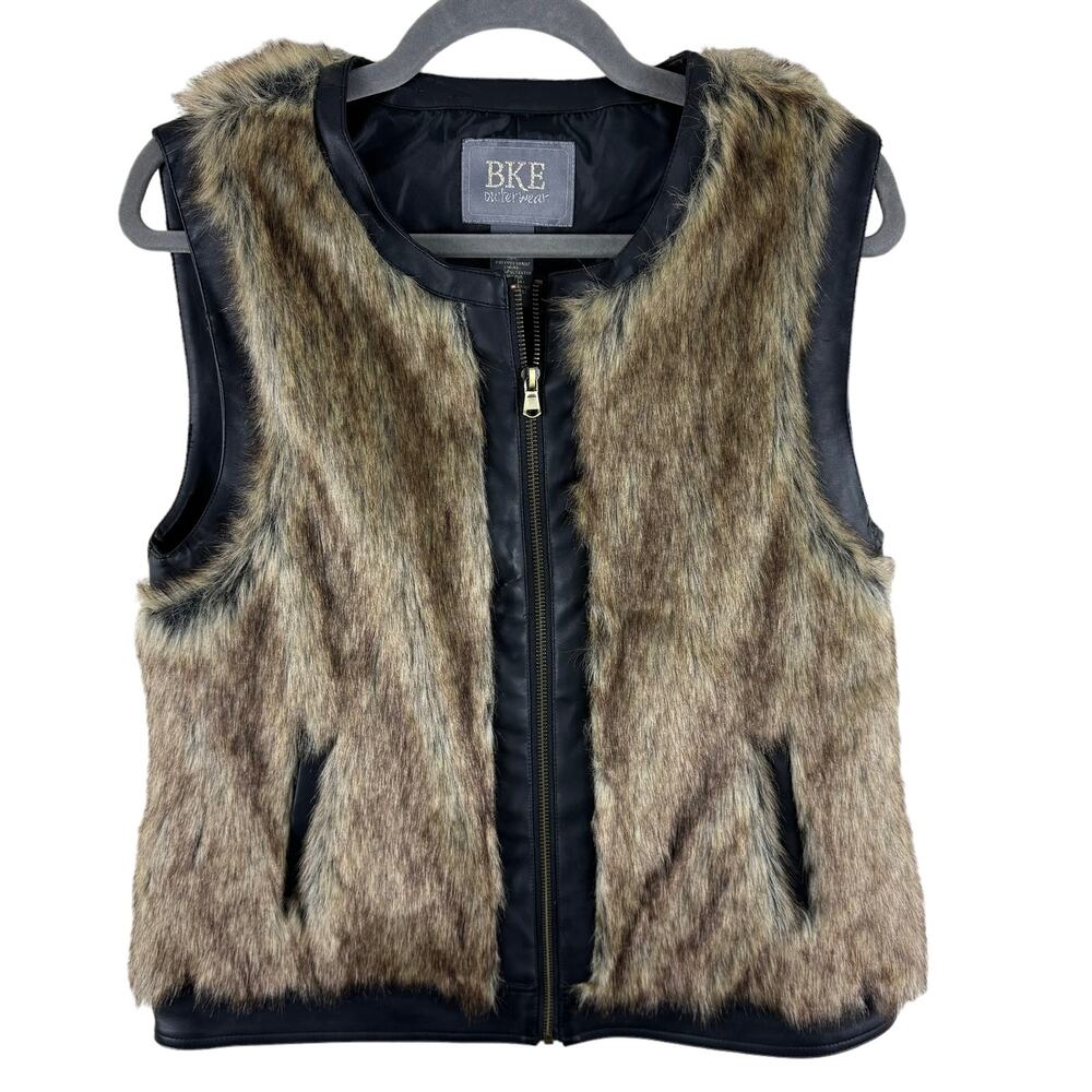 BKE Full Zip Faux Fur Vest Pleather Trimmed Pockets‎ Mob Wife Edgy Size Medium